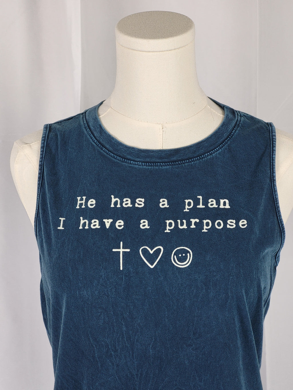 “He Has a Plan, I Have a Purpose” Mineral Navy Graphic Tank Top | HRTandLUV