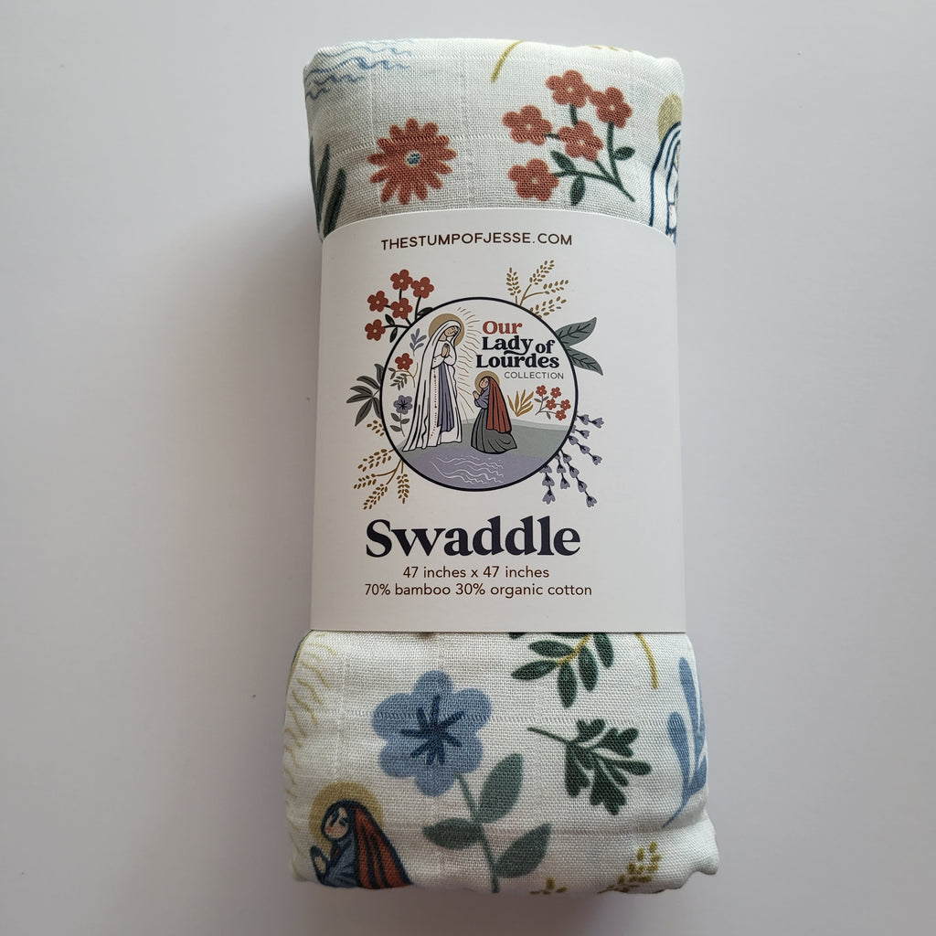 Our Lady of Lourdes Muslin Deluxe Swaddle | The Stump of Jesse