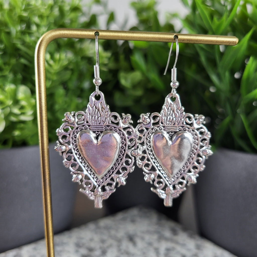 Sacred Heart Angel Drop Earrings | Silver Tone Catholic Jewelry