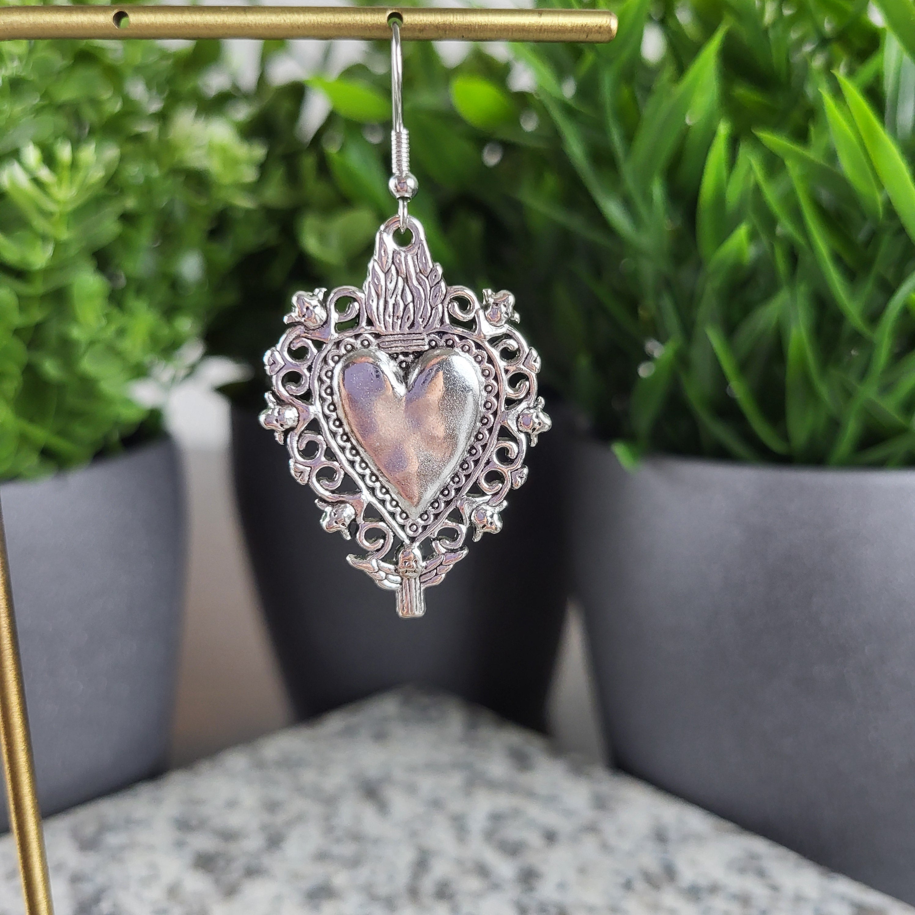 Sacred Heart Angel Drop Earrings | Silver Tone Catholic Jewelry