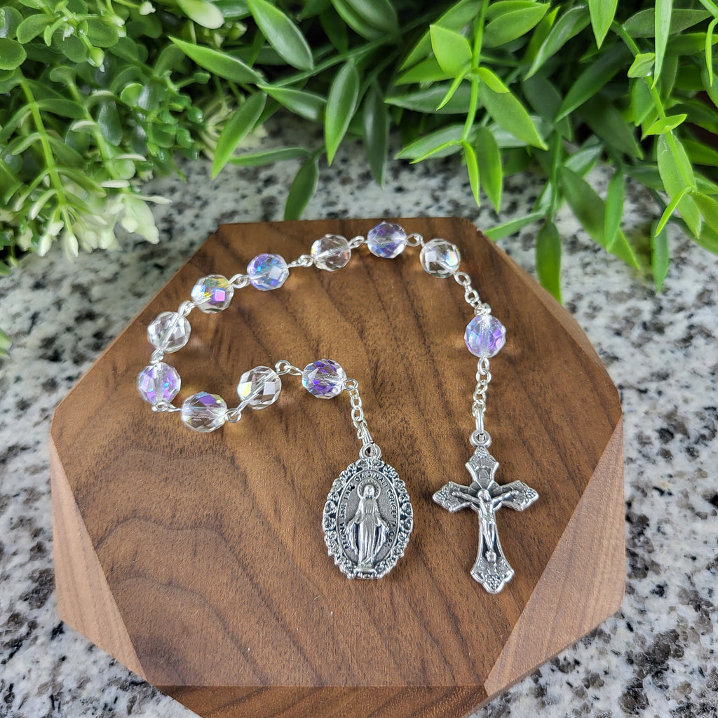 Handmade One-Decade Rosary – Clear Czech Beads with Miraculous Medal