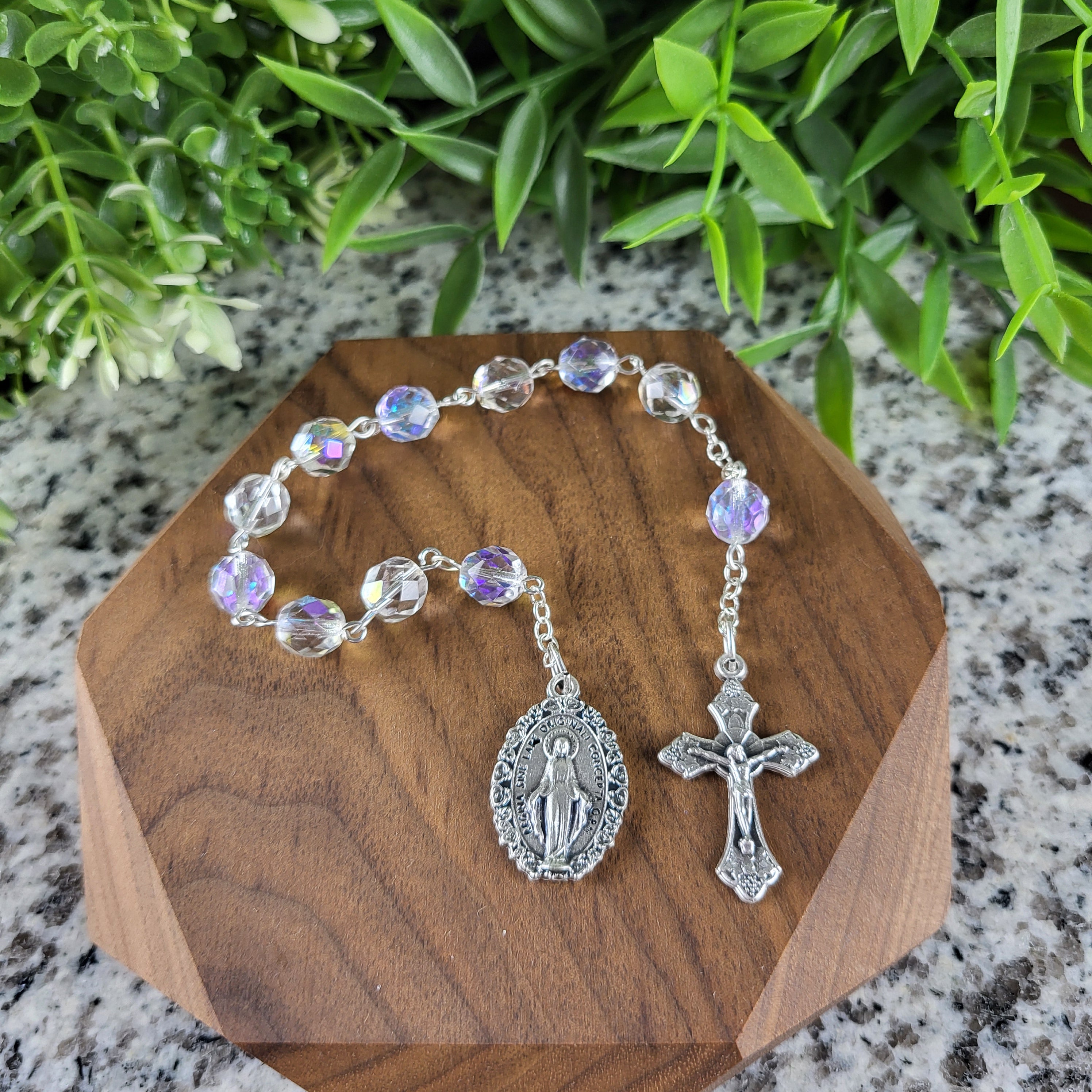 Handmade One-Decade Rosary – Clear Czech Beads with Miraculous Medal