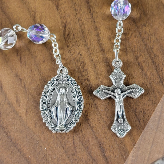 One-Decade Rosary – Clear Czech Faceted Beads with Miraculous Medal