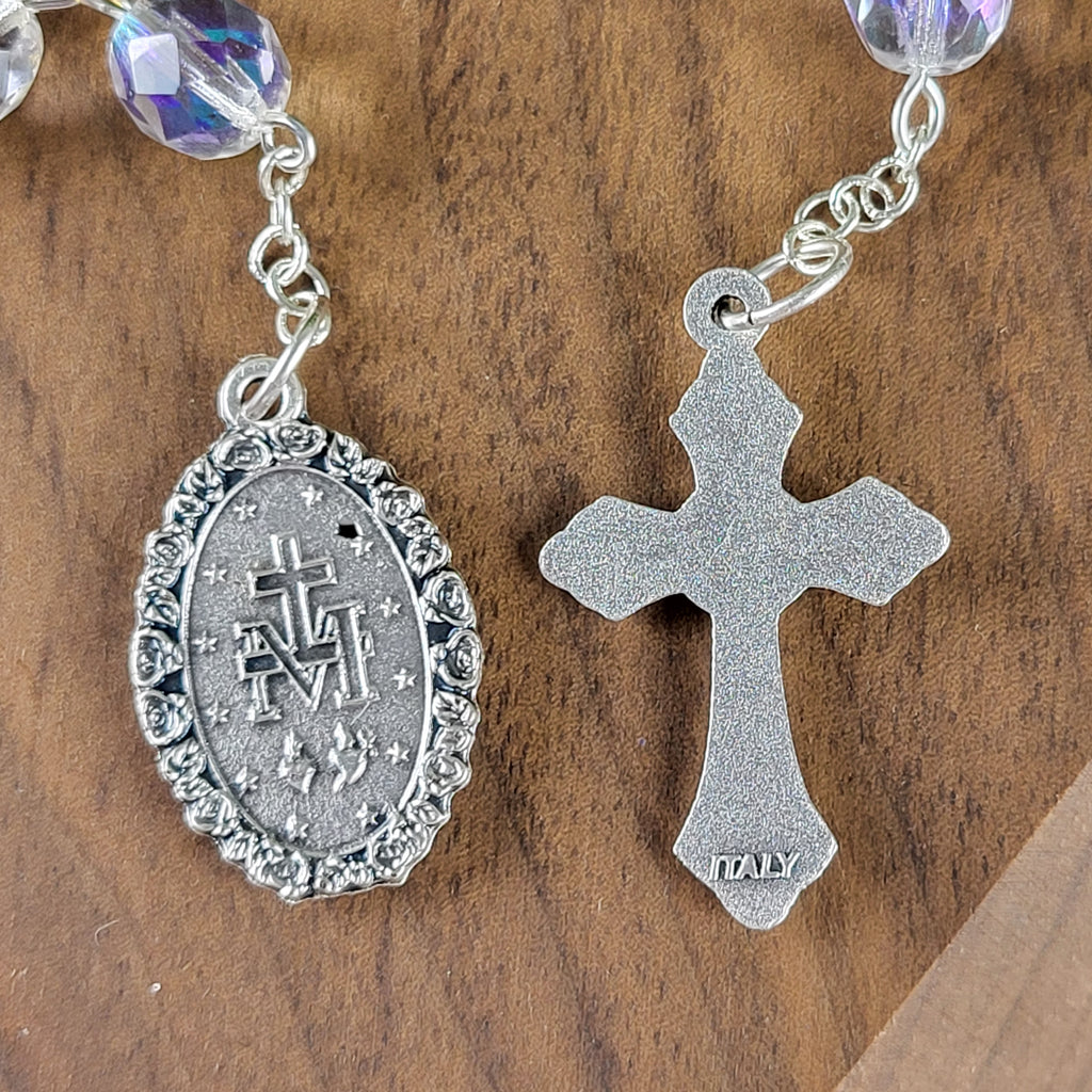 One-Decade Rosary – Clear Czech Faceted Beads with Miraculous Medal