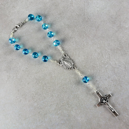 Handmade St. Benedict Car Rosary with Miraculous Medal – Blue 1-Decade