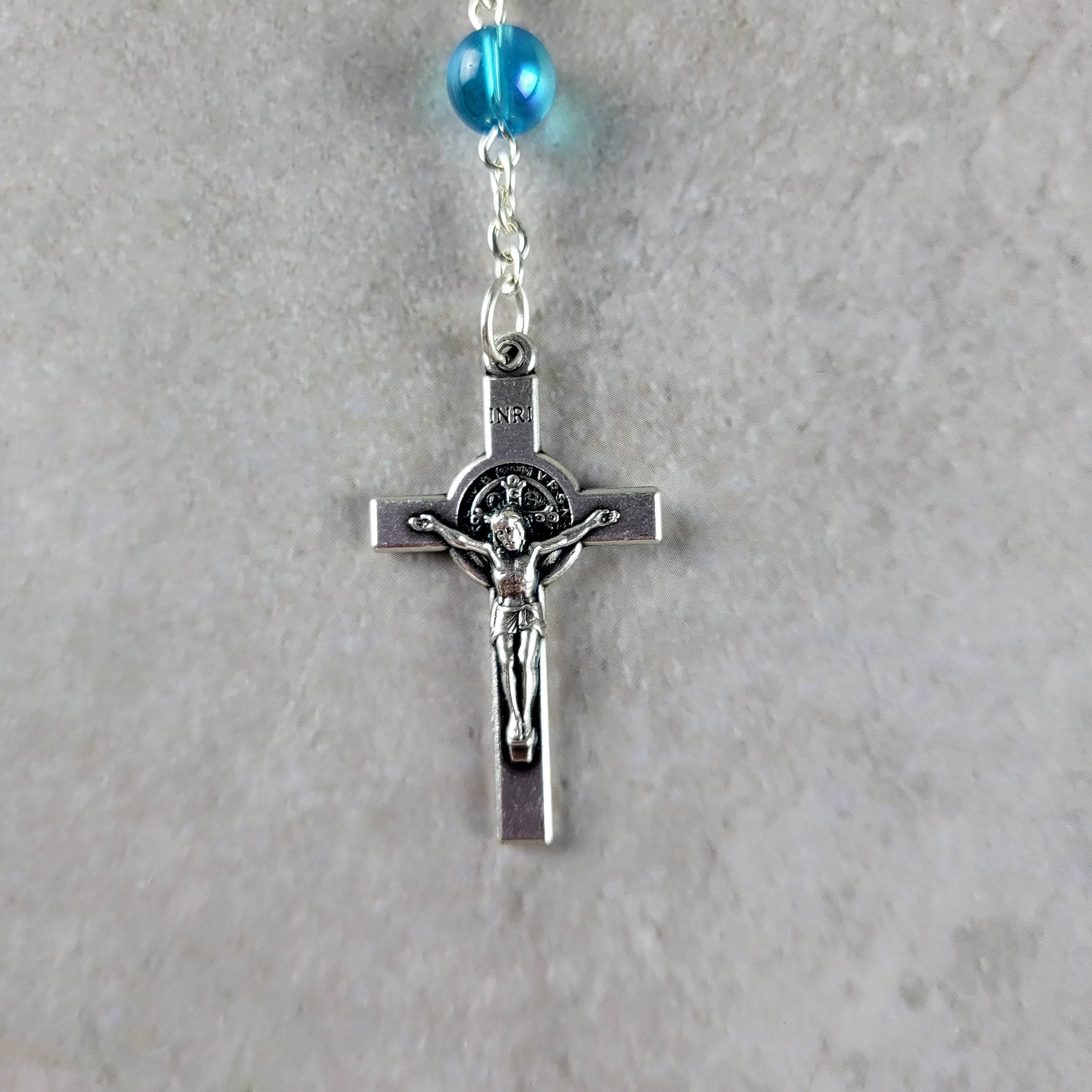Handmade St. Benedict Car Rosary with Miraculous Medal – Blue 1-Decade