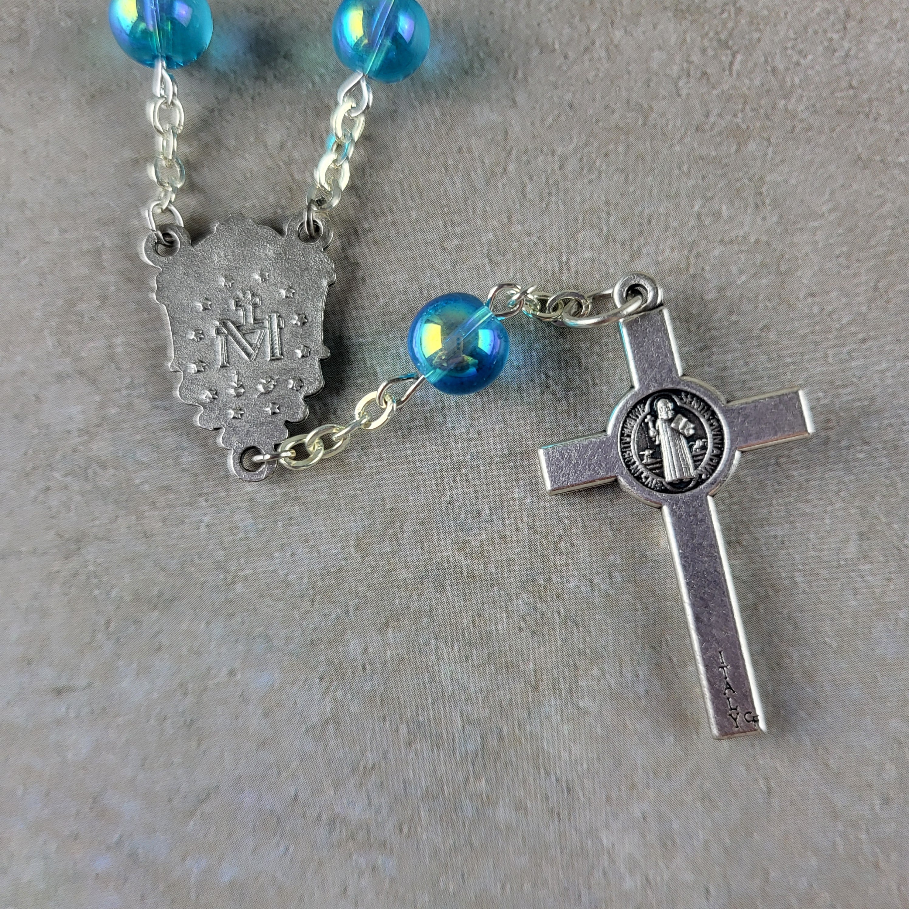 Handmade St. Benedict Car Rosary with Miraculous Medal – Blue 1-Decade