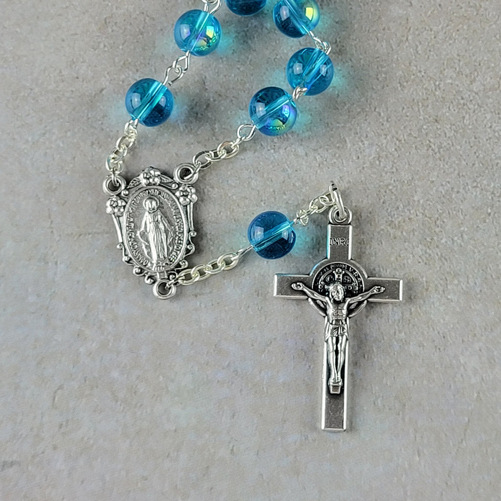 Handmade St. Benedict Car Rosary with Miraculous Medal – Blue 1-Decade