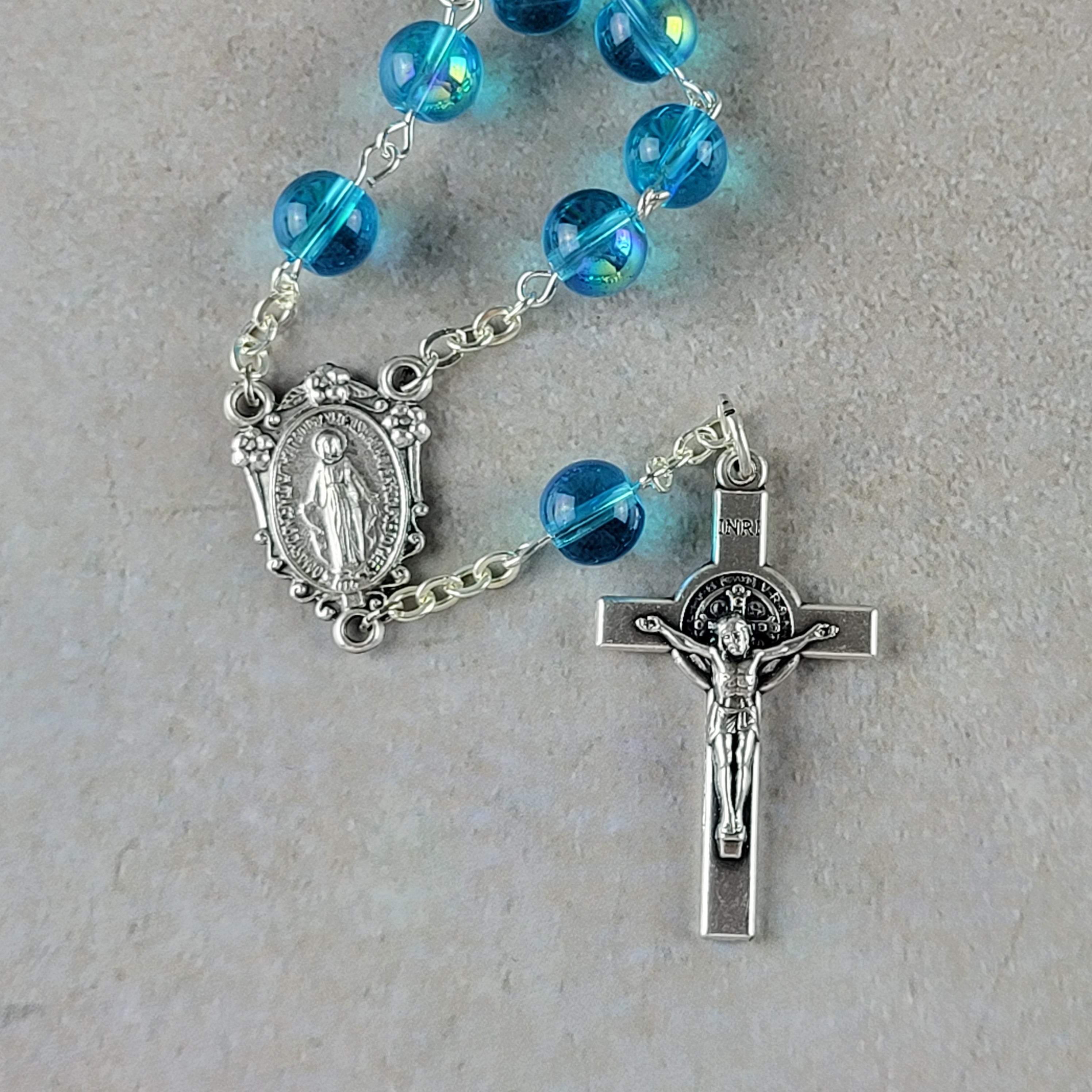 Handmade St. Benedict Car Rosary with Miraculous Medal – Blue 1-Decade