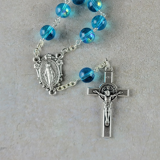 Handmade St. Benedict Car Rosary with Miraculous Medal – Blue 1-Decade
