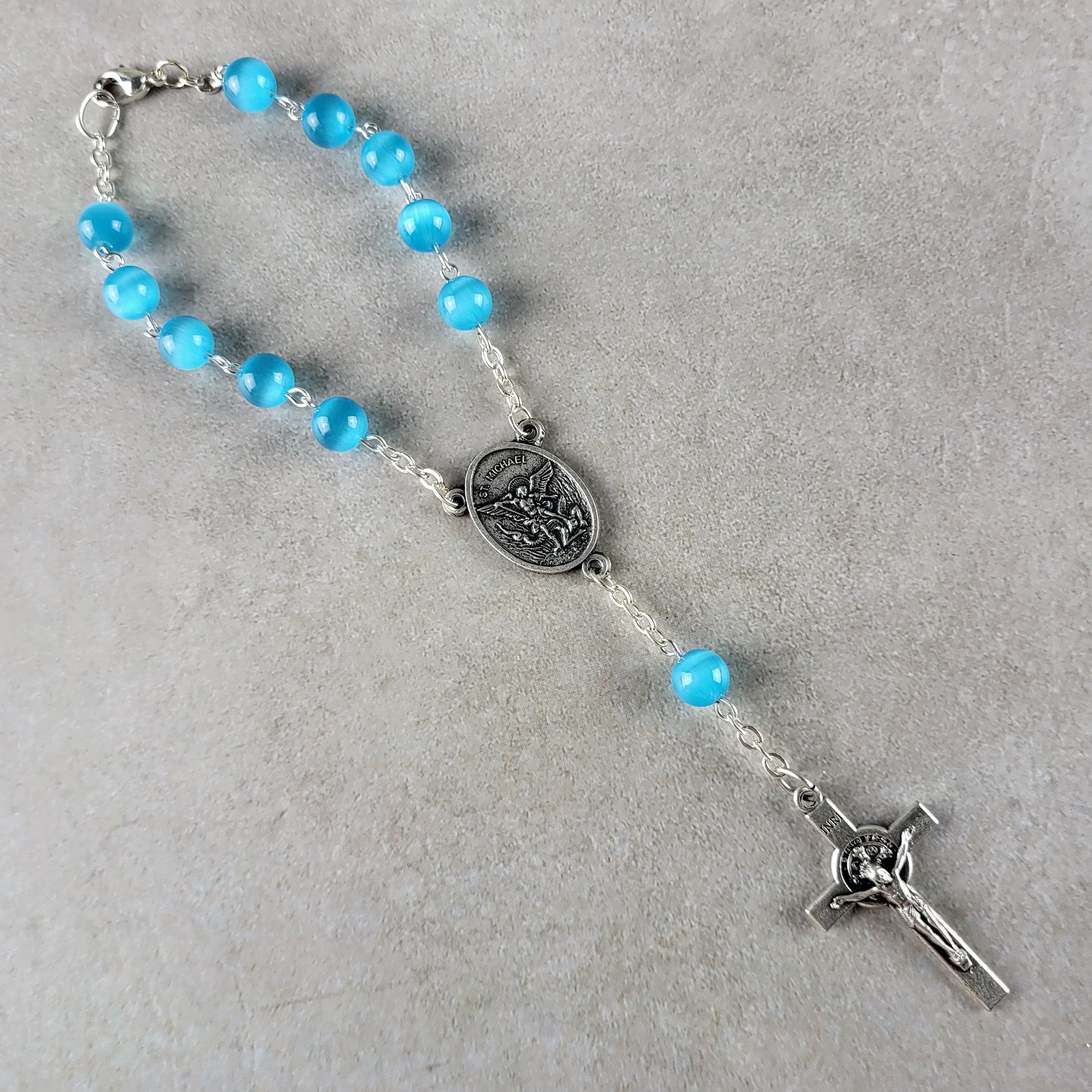 Handmade St. Michael Car Rosary with St. Benedict Crucifix – Blue Cat Eye 1-Decade