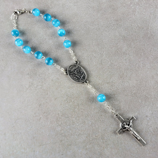 Handmade St. Michael Car Rosary with St. Benedict Crucifix – Blue Cat Eye 1-Decade