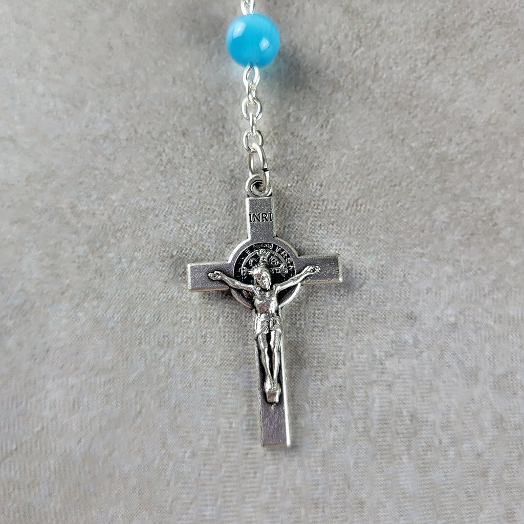 Handmade St. Michael Car Rosary with St. Benedict Crucifix – Blue Cat Eye 1-Decade