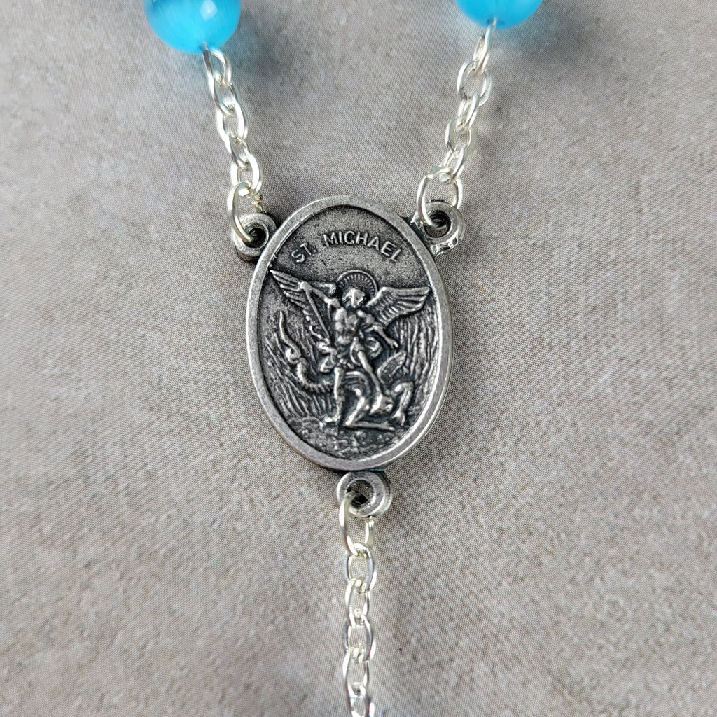 Handmade St. Michael Car Rosary with St. Benedict Crucifix – Blue Cat Eye 1-Decade