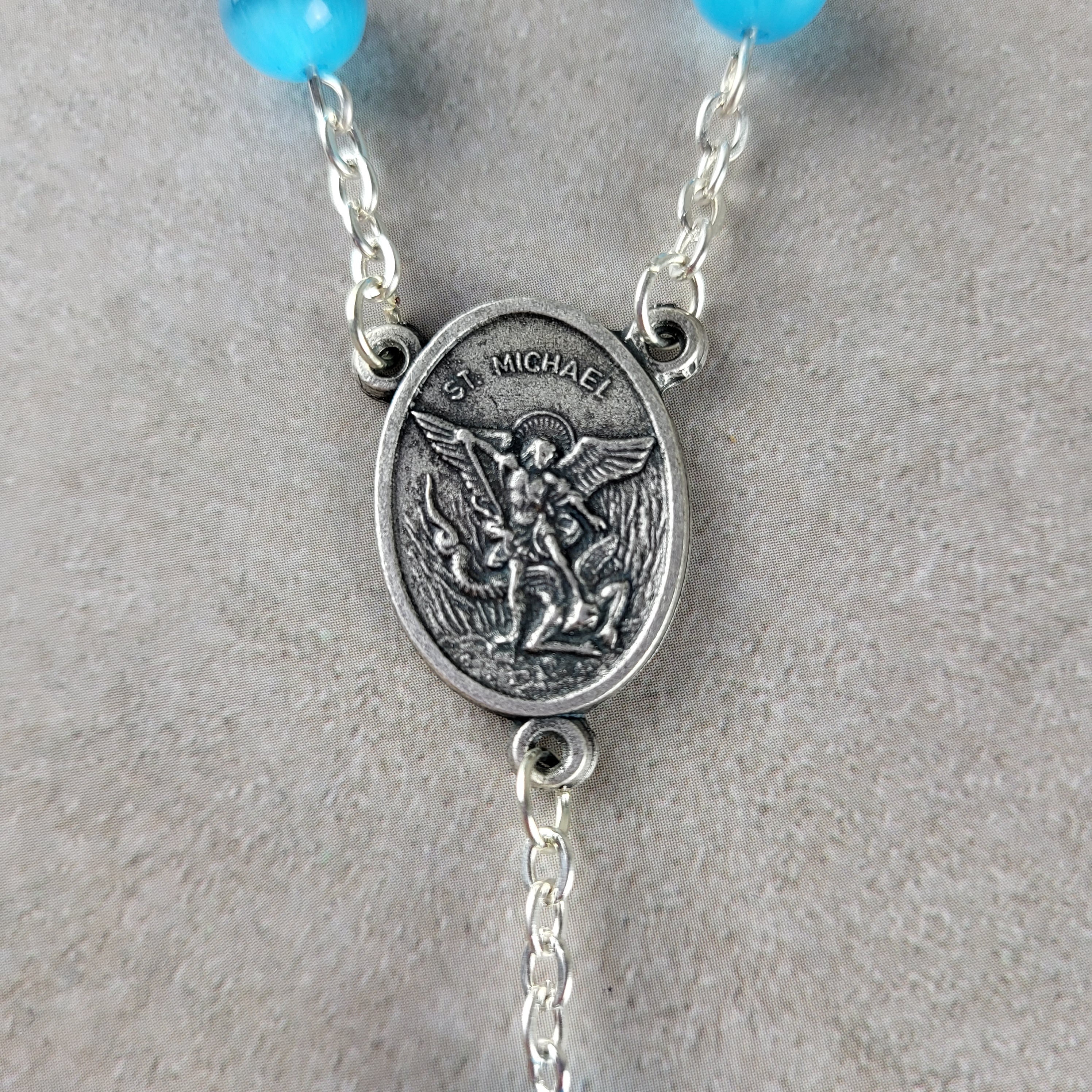 Handmade St. Michael Car Rosary with St. Benedict Crucifix – Blue Cat Eye 1-Decade