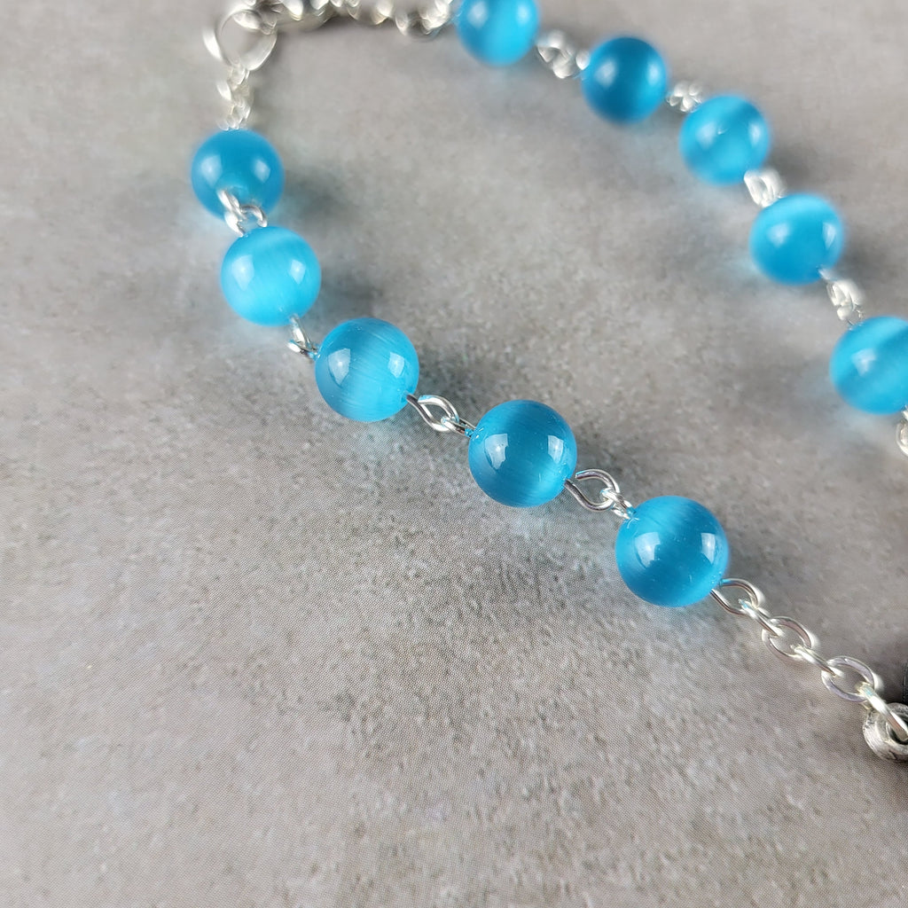 Handmade St. Michael Car Rosary with St. Benedict Crucifix – Blue Cat Eye 1-Decade