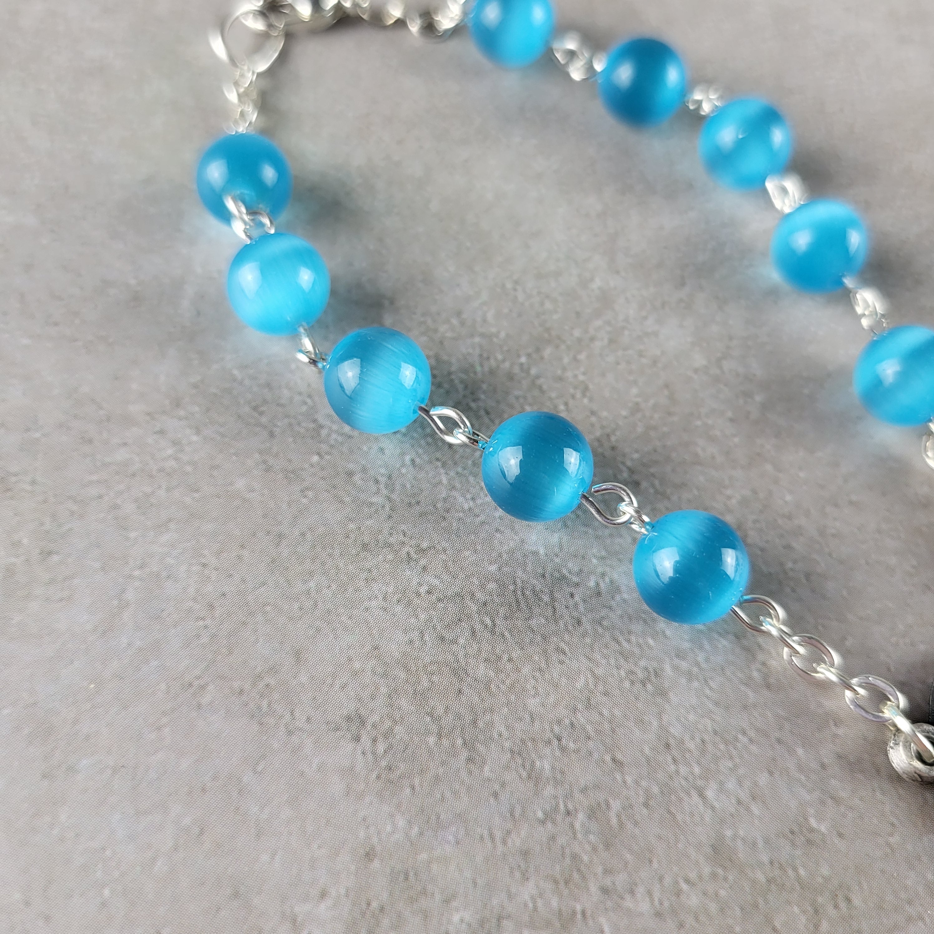 Handmade St. Michael Car Rosary with St. Benedict Crucifix – Blue Cat Eye 1-Decade