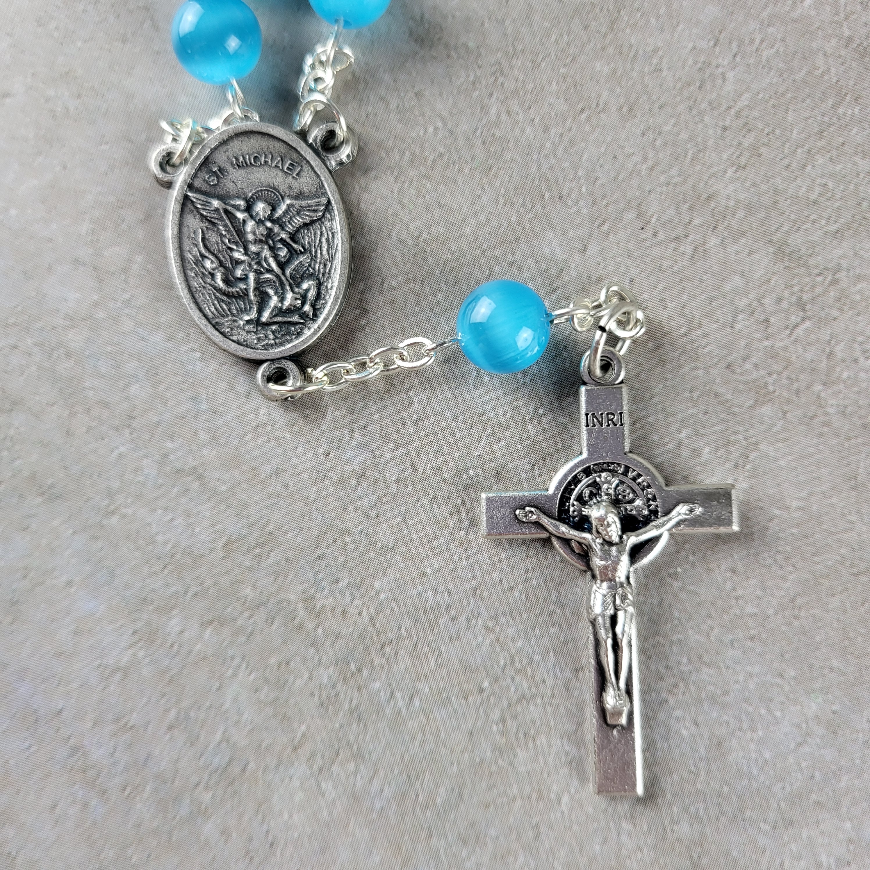 Handmade St. Michael Car Rosary with St. Benedict Crucifix – Blue Cat Eye 1-Decade