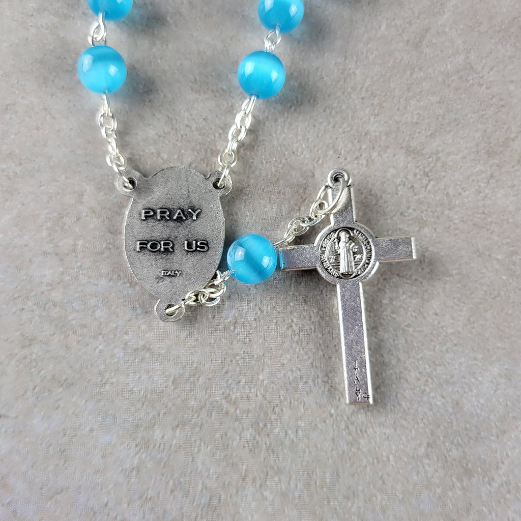 Handmade St. Michael Car Rosary with St. Benedict Crucifix – Blue Cat Eye 1-Decade