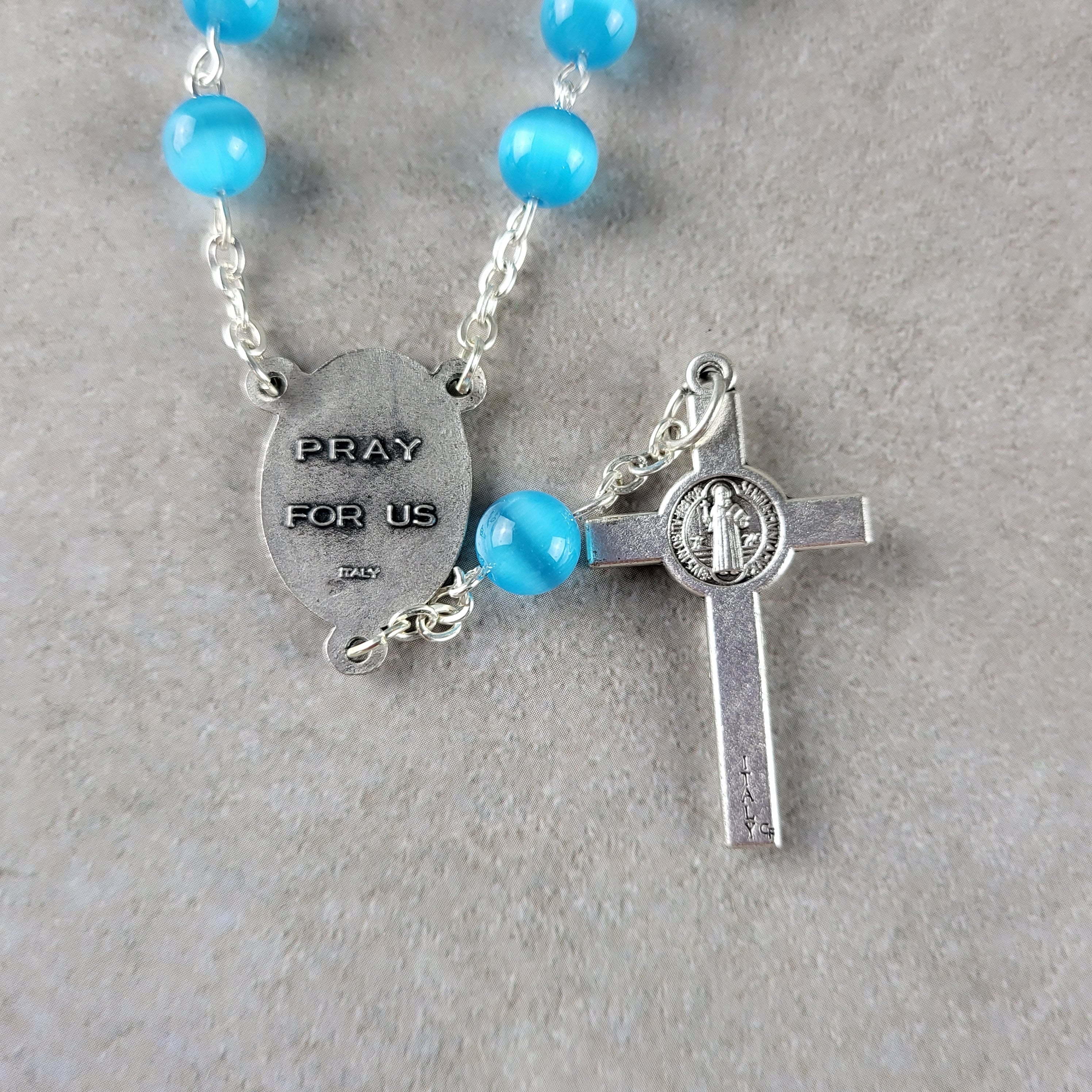 Handmade St. Michael Car Rosary with St. Benedict Crucifix – Blue Cat Eye 1-Decade