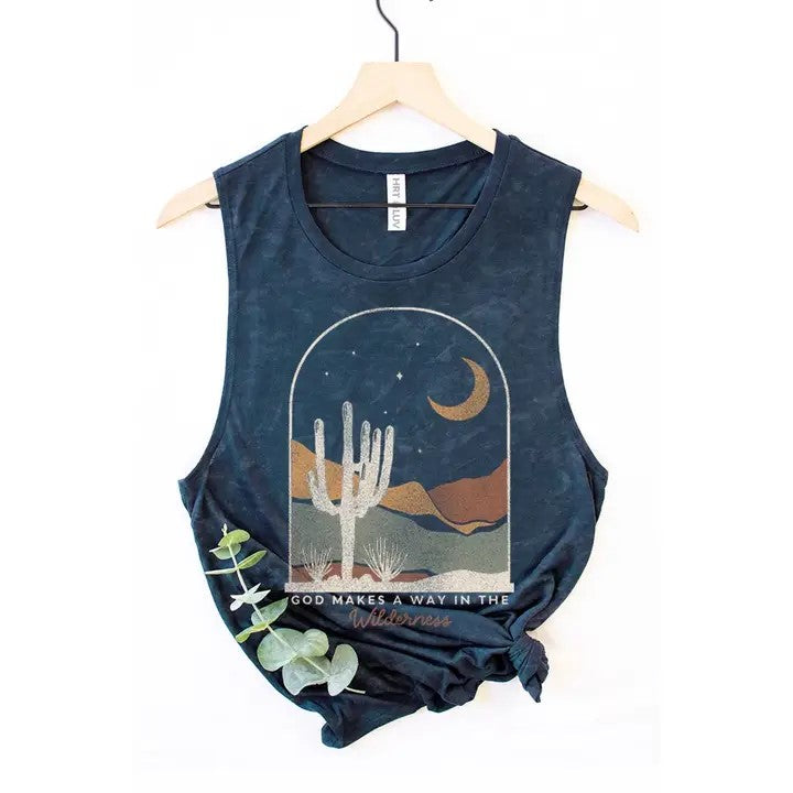 “God Makes a Way in the Wilderness” Mineral Navy Graphic Tank Top | HRTandLUV
