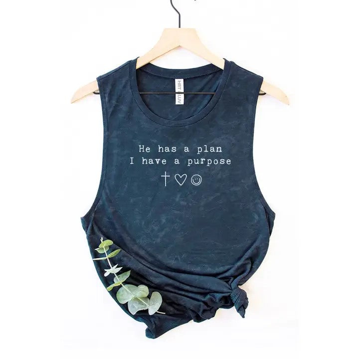 “He Has a Plan, I Have a Purpose” Mineral Navy Graphic Tank Top | HRTandLUV